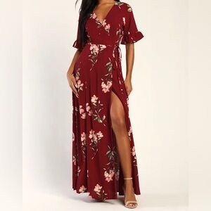 Lulu's Burgundy Floral Wrap Maxi Dress